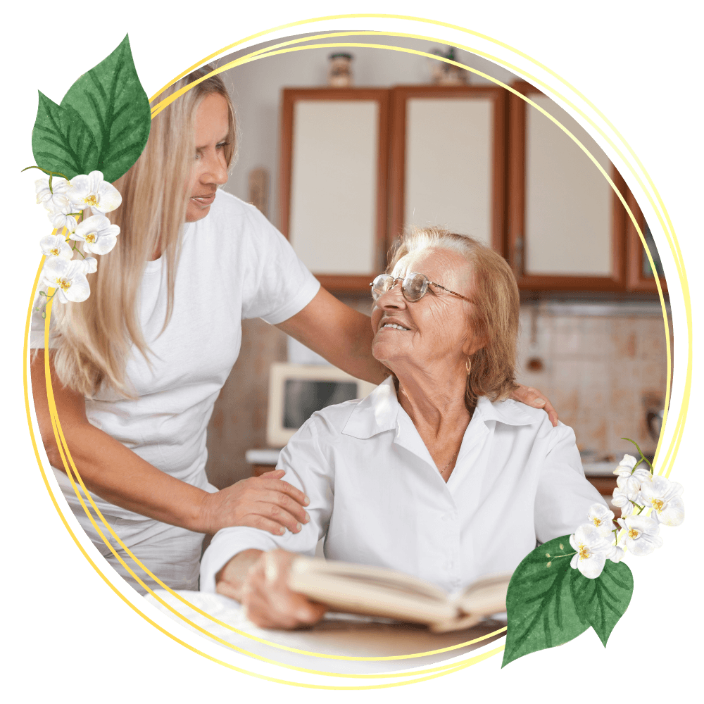 Caregiver assisting an elderly woman at home, representing health and safety support and home care services in Port St. Lucie, FL